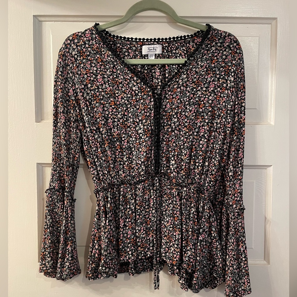 Myra Bag Black Floral Peplum Blouse with Pink & Orange Accents